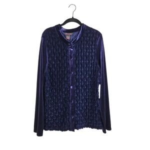 Francesca Rose Royal Blue Smocked Velvet Textured Button Up Blouse XL Whimsygoth